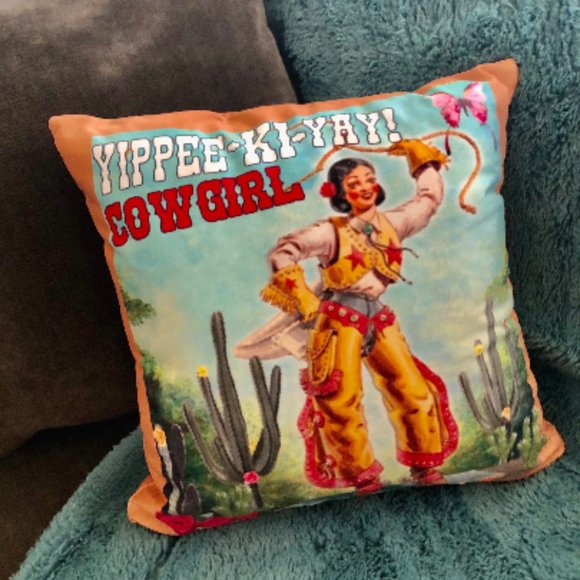 ✨ Western Retro Yippee Ki Yay Cowgirl Throw Pillow - Picture 3 of 8